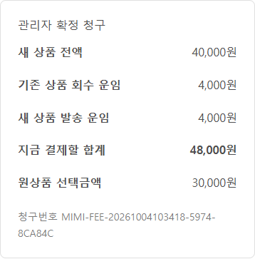 새 상품 전액과 운임을 분리해 안내하는 선결제 교환 상세 예시